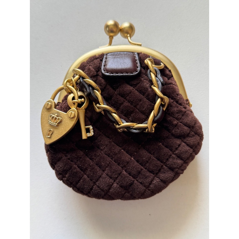Juicy Couture Brown Quilted Velour Coin Purse Heart Key Charms Kiss Lock Bag